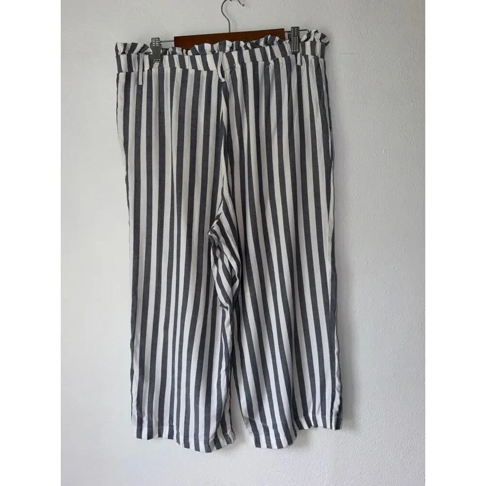 Fever Blue White Striped Coastal Nautical Wide Leg Boho Beachy Palazzo Pants XL